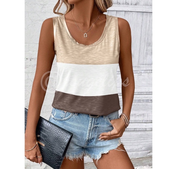 Colorblock Stripe Brown / White Tank Top Gold Piping Trim - Picture 6 of 7